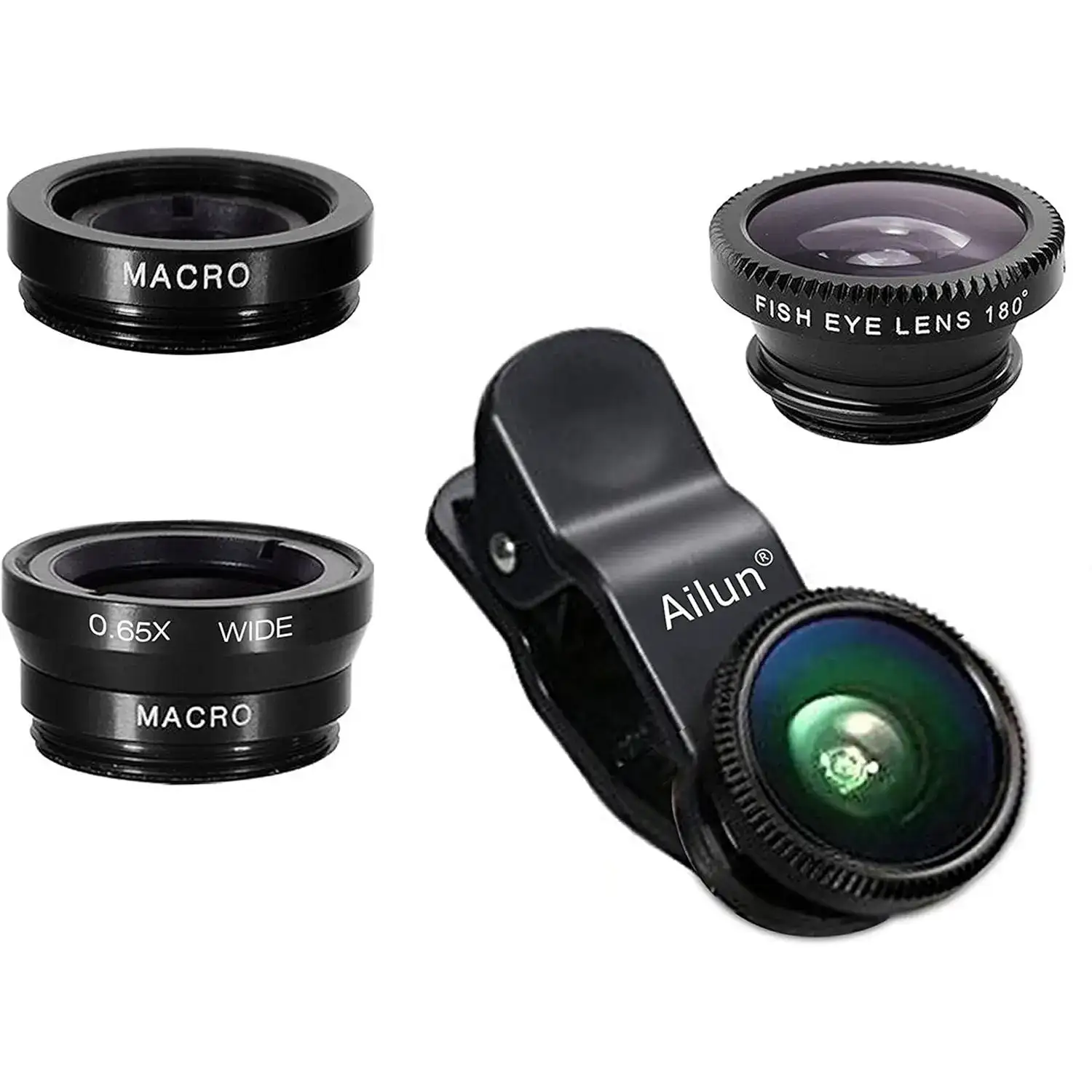 Ailun Phone Lens 3 in 1 Clip On 180 Degree Fish Eye Lens+0.65X Wide Angle+10X Macro Lens - 1